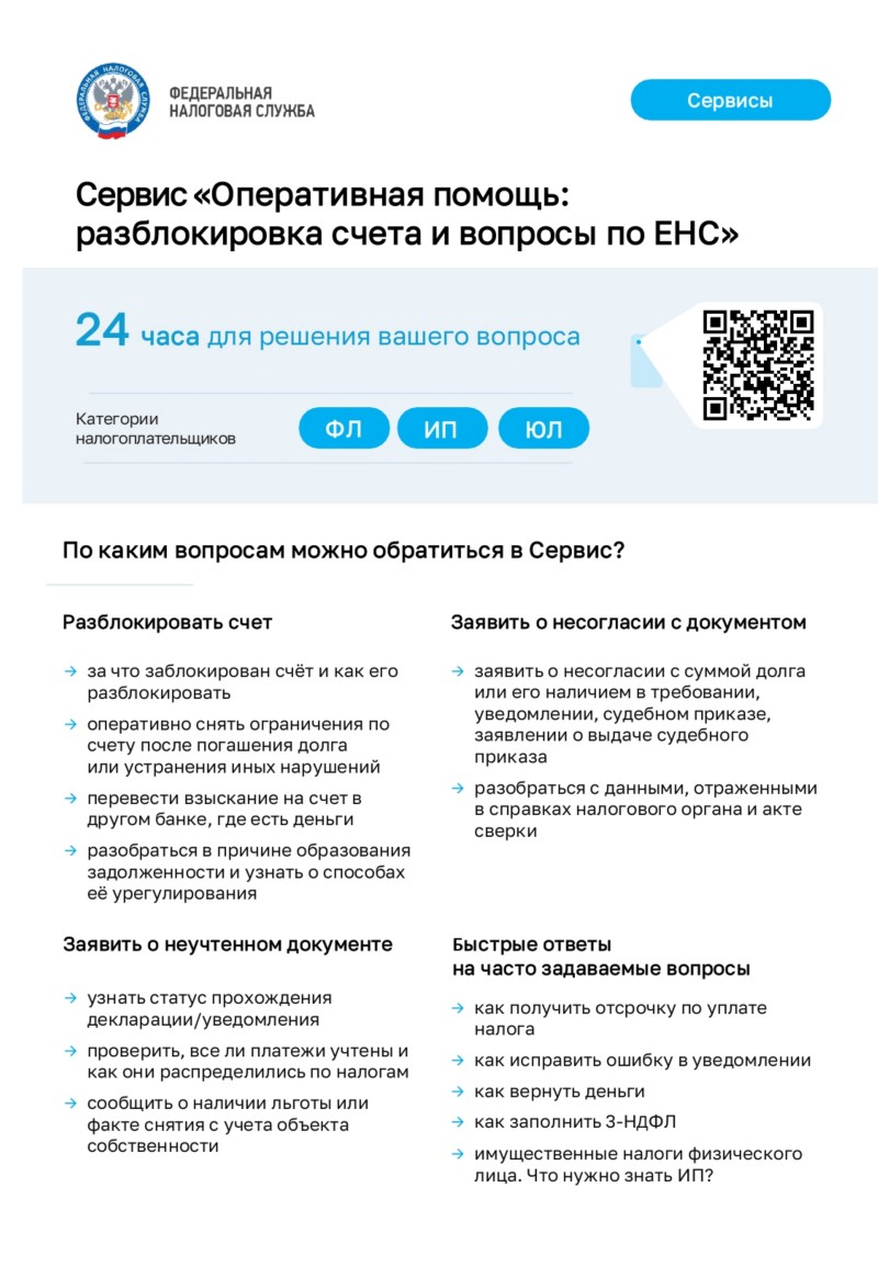 Сервис "Оперативная помощь: разблокировка счёта и вопросы по ЕНС"